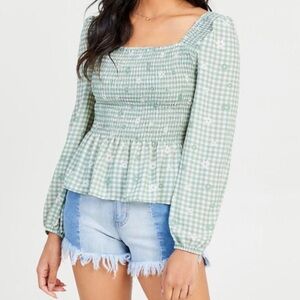 Altar’d State Green White Gingham Floral Smocked Women's Top size Small